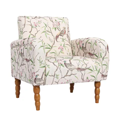 Image de Fauteuil Salon Vintage Rembourré, Pieds en Bois Massif, Beige Fauteuil Vintage Ergonomique avec Motif Faisans et Fleurs, Design Romantique