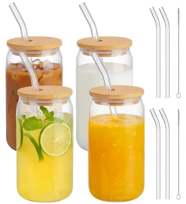 4er Set Trinkgläser 500 ml mit Deckel und Strohhalm