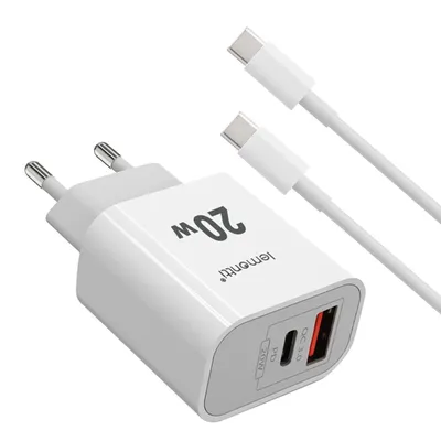 Produktbild von Lemontti Schnelllade-Netzwerkladegerät 20 W, 1 x PD Typ C + 1 x USB-A Quick Charge 3.0 und Typ-C-Typ-C-Kabel 20 W, 1 m, Weiß