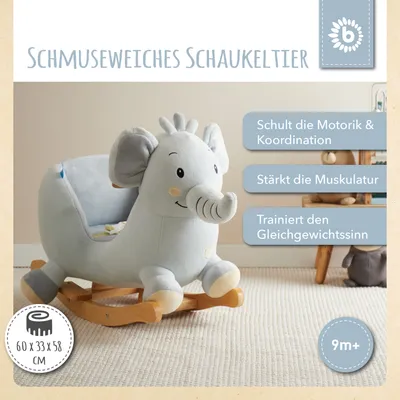 A close-up shot of a plush elephant rocking toy on a light-colored rug, with informational text overlays on the right and bottom left.