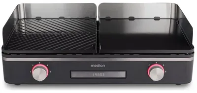 Obrázok produktu pre Elektrický stolový gril MEDION s dvojzónovým systémom (elektrický gril s výkonom 2400 W, 2 odnímateľné dosky, individuálna regulácia teploty, LED indikátor stavu, ochrana IPX4, MD12027)