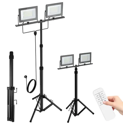Image de UISEBRT, projecteur LED 2 x 100W, projecteur d'extérieur avec trépied, lumière blanche réglable, indice de protection IP66, télécommande, câble d'alimentation européen de 3 mètres, lampe de travail pour chantier et garage