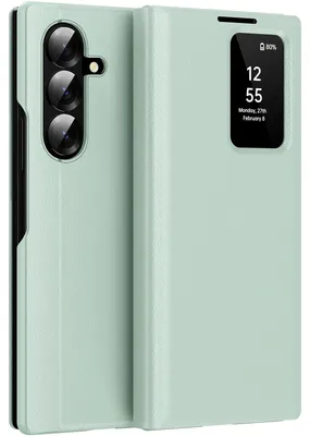 Produktbild von Leder Flip Case für Samsung Galaxy Z Fold 7, Smart View Fenster Handyhülle mit Kartenfach Grün