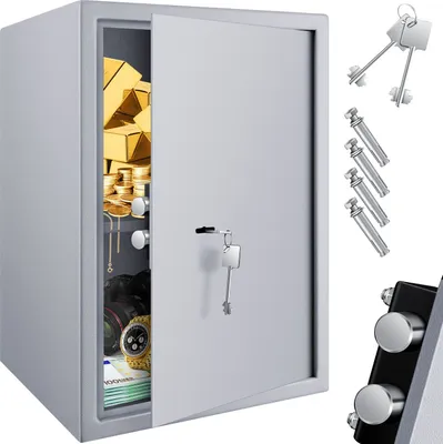 An open safe filled with gold bars, coins, jewelry, and cash, with keys and other accessories displayed next to it.