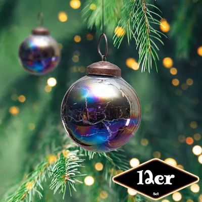 Produktbild von Christbaumkugelset, Rund, 12er Set | Glas, farbig, krakeliert | H7,0xB6,0cm