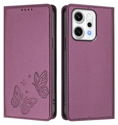 Obrázek produktu pro Kožené pouzdro pro Oppo Reno14 Pro 5G, motýlí ražbou, peněženkové flip pouzdro se stojánkem Fialová
