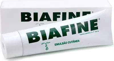 A product shot of a Biafin skin emulsion tube and its packaging.