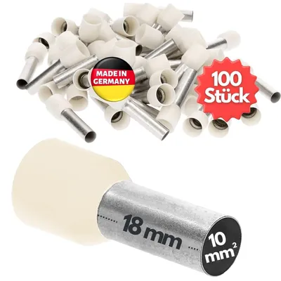 Productafbeelding van 100 stuks Kalitec AE1018EB adereindhulzen, geïsoleerd, 10,0 mm², 18 mm lang, ivoorwit. Gemaakt in Duitsland. Industriële kwaliteit