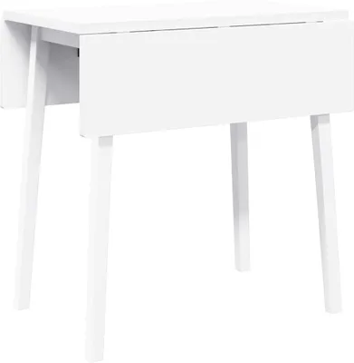 A white drop-leaf dining table with four legs, shown from the front.