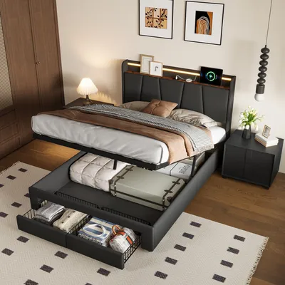 Immagine prodotto di Letto imbottito Fortuna Lai 140×190 cm in lino grigio - letto con illuminazione a LED, porta di ricarica USB e Type-C, rete idraulica e 2 cassetti, letto contenitore moderno
