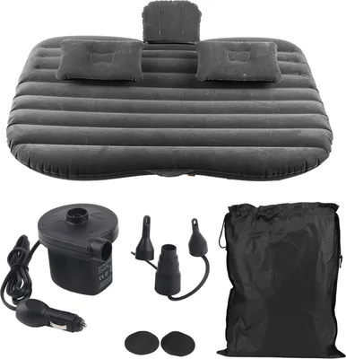 An inflatable car mattress and its accessories laid out on a white background.