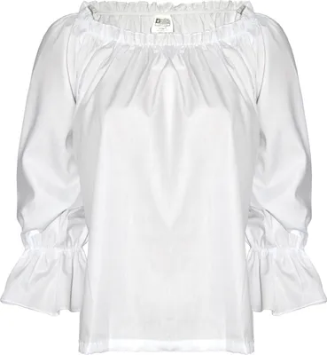 A white off-the-shoulder blouse with ruffled sleeves.