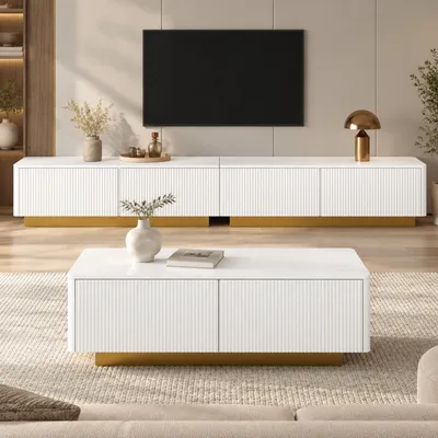 Produktbild von okwish Wohnzimmermöbel-Set mit TV-Lowboard und Couchtisch, mit Schubladen,geriffelten Fronten,modernes Design,großzügigem Stauraum,Weiß