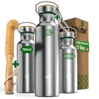 Produktbild von Blockhütte Premium Edelstahl Trinkflasche isoliert I 750ml I mit Bürste I Isolierflasche auslaufsicher I Wasserflasche spülmaschinenfest