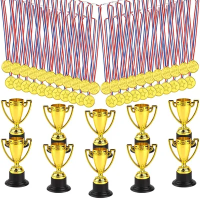 Image de Inovra - Trofeemedaset 50 pièces - 10 trophées dorés - 40 médailles de vainqueur - Plastique - Fêtes pour enfants - Récompenses sportives - Prix