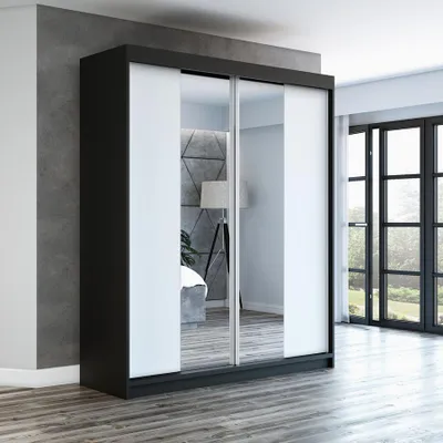 Productafbeelding van Schuifdeurenkast, 2 deuren, model ELEGANZA, 180 cm (met spiegel), zwart/wit/wit