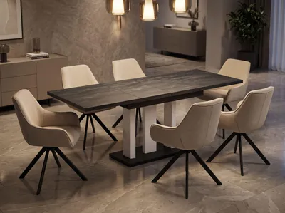 Produktbild von ENDO-Möbel Essgruppe "Appia White" - Esstisch ausziehbar 130-210cm in Beton Dunkel für 6 Personen mit Stühlen in Leinen-Beige