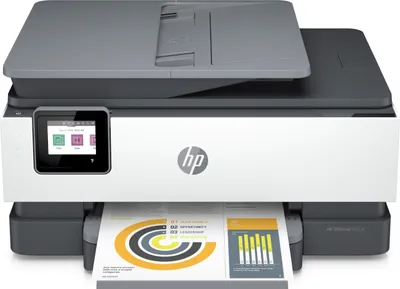 A front view of an HP Officejet Pro 8022e All-in-One printer with a document partially printed.