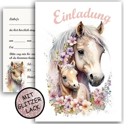 Productafbeelding van Paarden - Set van 10 - Glitter kinderuitnodigingskaarten - Uitnodiging voor kinderverjaardag - Meisjes - Regenboog