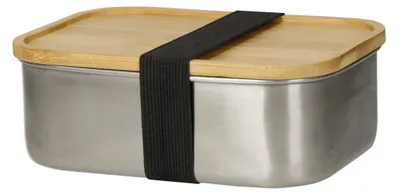 A stainless steel lunchbox with a bamboo lid and a black elastic strap.