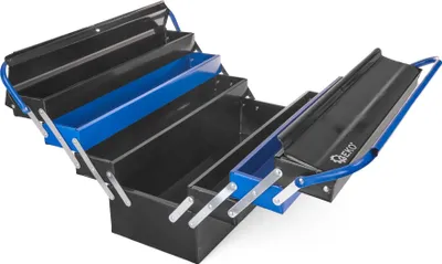 An open, multi-tiered metal toolbox with blue accents, displayed against a white background.