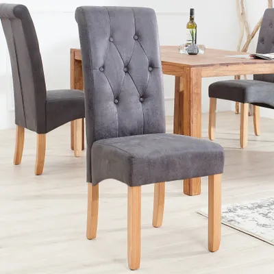 Produktbild von Edler Kolonial Stuhl CASA mit Nackenrolle grau Vintage Look mit Zierknöpfen Massivholzbeine Eiche