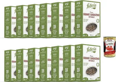 Produktbild von Felicia, Penne Rigate di Grano Saraceno, Pasta, ganzer Buchweizen, reich an Magnesium, reich an Mangan, Faser, Gluten -frei, vegan, entschlossener Geschmack,14x 340g + Italian Gourmet polpa 400g