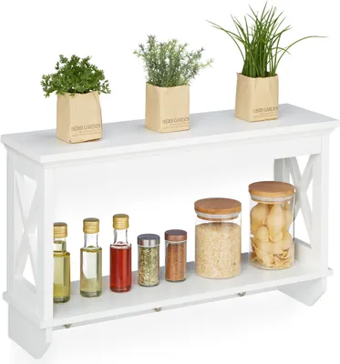 Image de Étagère murale Relaxdays, avec 3 crochets métalliques, 2 tablettes, style cottage, étagère de cuisine, porte-manteau mural, dimensions : 40 x 66 x 20 cm, blanc