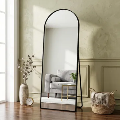 Produktbild von INONEFT 180 × 80 cm Schminkspiegel, Ganzkörperspiegel mit Metallständer, Standspiegel mit Aluminiumrahmen, gehärtetes Glas, gewölbt, schwarz