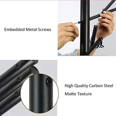 Imagen del producto de Perchero de pie, soporte para abrigos, perchero independiente, de metal, con 12 ganchos, estructura de madera lacada, ideal para abrigos, sombreros, bufandas, ropa, bolsos. Perchero, soporte para abrigos