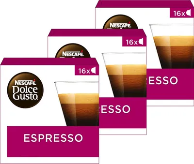 Three boxes of Nescafé Dolce Gusto Espresso coffee capsules are arranged in a staggered formation.