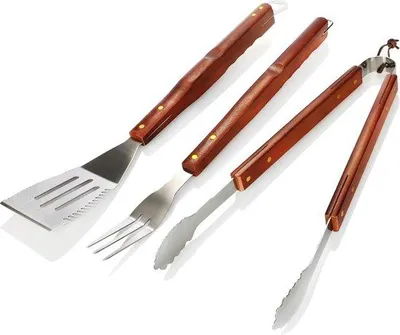 Produktbild von Edelstahlgittergrill Zubehör Set mit Grillfürst, Grillbar und Grillzange - Grillhilfsmittel mit Holzgriff - braune BBQ-Ausstattung (3er Set)
