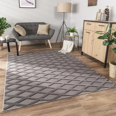 Produktbild von Teppich Wohnzimmer Schlafzimmer Kurzflor Boho Skandi Raute 3D Grau Anthrazit Grösse 160x220 cm
