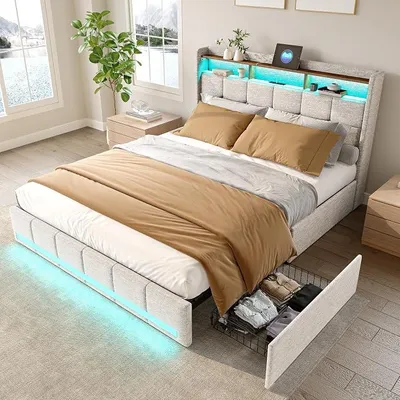 Zdjęcie produktu dla Łóżko 160x200 cm z funkcją ładowania USB i oświetleniem LED, tapicerowane, podwójne, z pojemnikiem na pościel (4 szuflady), łóżko z ramą i stelażem, kolor beżowy, tkanina typu len, bez materaca