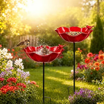 Immagine prodotto di Abbeveratoio per uccelli da giardino, resistente alle intemperie, ideale per api e uccelli, colore rosso, in metallo
