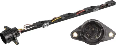 A black electrical component with wires is shown against a white background. Another part of the component, a connector with pins, is shown to the right.