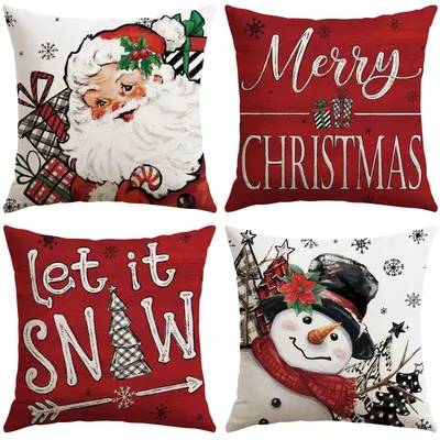 Produktbild von Weihnachten Kissenbezüge 4er Set 45x45 cm Weihnachtsmann Schneemann Rot Polyester-Leinen