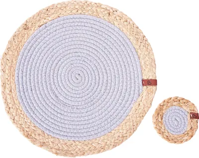Produktbild von BELIANI 6 Personen Tischset mit Untersetzern Naturfarben / Grau Jute u. Baumwolle Geflochten Rund ⌀ 35 cm 12-Teilig Handmade Boho-Stil Esszimmer Küche