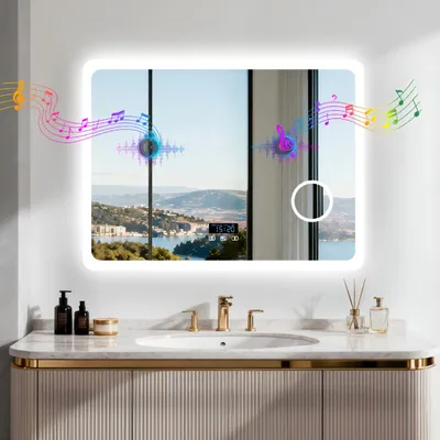 Zdjęcie produktu dla Lusterko do łazienki LED Bluetooth WISFOR, 80x60 cm, 3-krotne powiększenie, szkło ESG, antyfog, 3 barwy światła, możliwość regulacji jasności