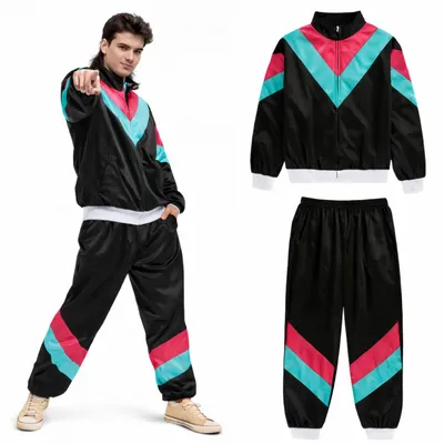 Obrázek produktu pro Treningový oblek Kombinéza Joggingový oblek – 80. a 90. léta Outfit Retro Bad Taste – pánský a dámský na maškarní bál a karneval (černý, L/XL)