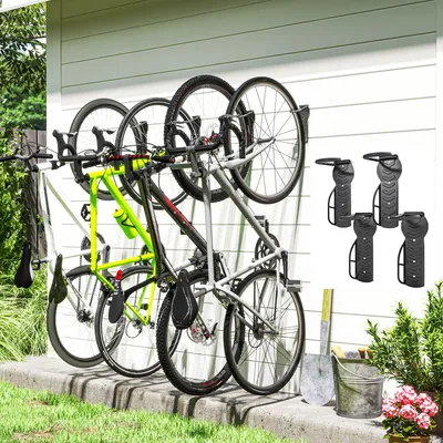 Image de Lot de 4 supports muraux pliables pour vélos, fixation verticale, métal antirouille, noir | 30 kg | 25,5 x 10,5 x 4 cm | largeur de pneu jusqu'à 8 cm