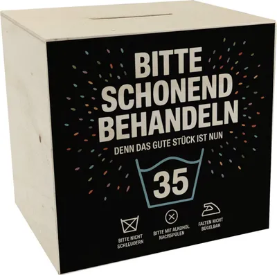 Produktbild von Wäschepflegeetikett Spardose aus Holz bitte schonend behandeln wird 35