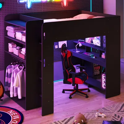 Productafbeelding van Houten hoogslaper 140x200, geschikt voor gaming, met bureau, kledingkast, opbergruimte, LED-verlichting en USB-aansluitingen (zwart)