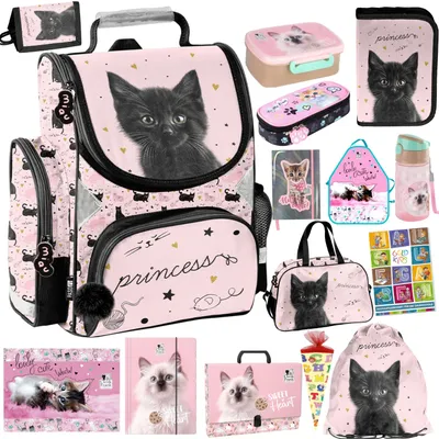 Produktbild von Schulranzen für Jungen und Mädchen, 15er-Set - Schul-Rucksack für Kinder mit Federmäppchen - Schuhbeutel Trinkflasche und Brotdose - Katze Motiv