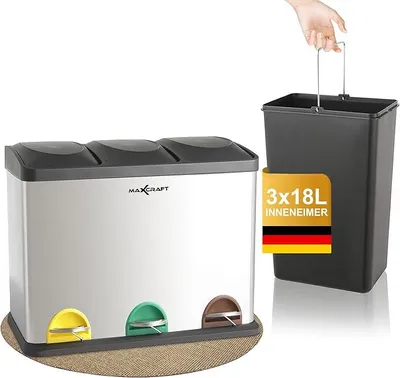 Produktbild von Mülleimer 54 Liter (3 x 18 Liter) 3 Fächer Treteimer Abfalleimer Müllstrennsystem mit Inneneimer Mülltrenner aus Edelstahl - herausnehmbare Eimer Biomüll