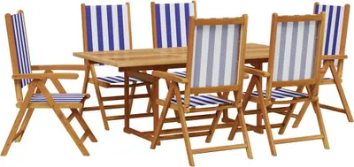 Image de vidaXL Ensemble de jardin 7 pièces tissu et bois massif bleu et blanc