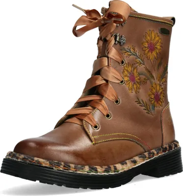 Produktbild von Laura Vita Damen Stiefelette Leder Blumen Leoparden Muster Satinband Incaso 40, Größe:39 EU, Farbe:Mehrfarbig