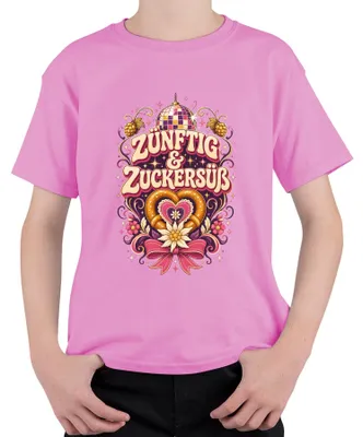 Produktbild von Zünftig & Zuckersüß Volksfest Wiesn Brezel Party Lederhose Dirndl Kinder T-Shirt, Pink, 104