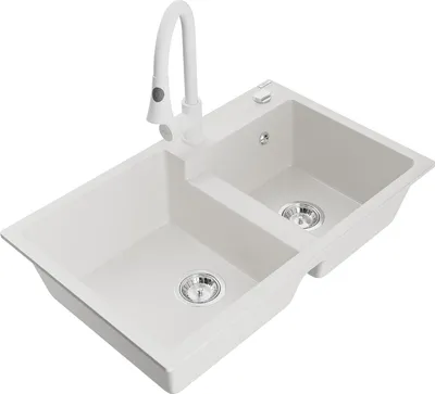 Immagine prodotto di Mexen Tomas lavello da cucina in granito a 2 vasche con rubinetto da cucina Elia, bianco - 6516-20-670101-20