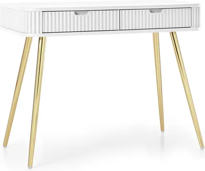 Produktbild von Schminktisch 100 cm Gerly - Loft, Metallbeine, geriffelten Fronten - Schreibtisch mit Schubladen (Weiß / Gold)